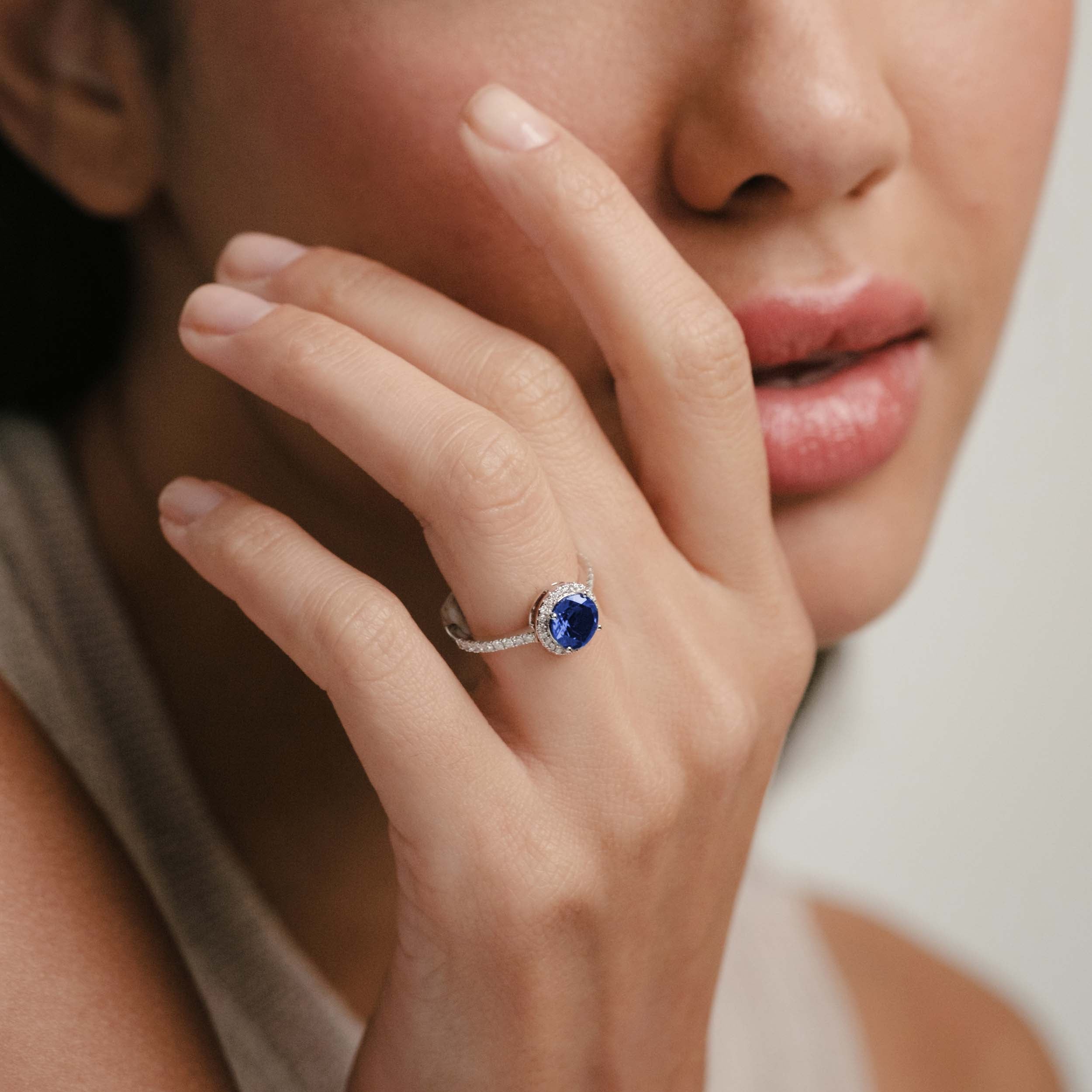 Astra 3.60ct Lab Sapphire and Diamond Halo Shoulder Set Round Cut in Silver